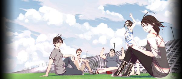 Anime picture 1587x690 with song of the cloud gha eon dong wu min seo heok jai hi long hair short hair open mouth black hair smile brown hair wide image sitting bare shoulders multiple girls sky cloud (clouds) ahoge looking back