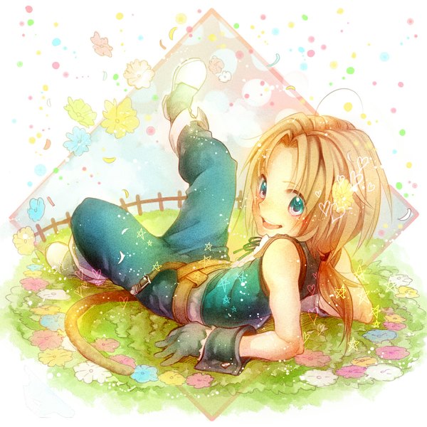 Anime picture 1150x1150 with tayuya1130 open mouth simple background blonde hair smile white background ponytail lying pink eyes hair flower aqua eyes back reclining outline boy gloves hair ornament flower (flowers) heart star (symbol)