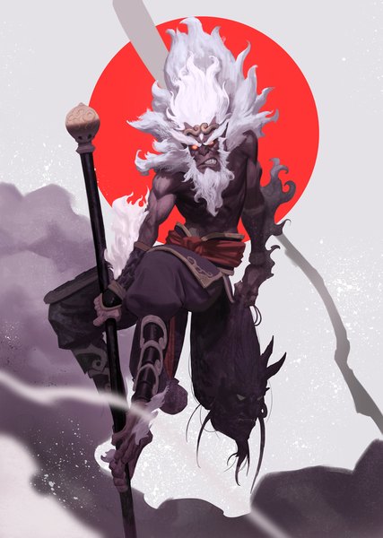 Anime picture 1500x2108 with original sunkist lee single tall image red eyes looking away full body white hair grin smoke eyebrows muscle animal staff crown beard monkey