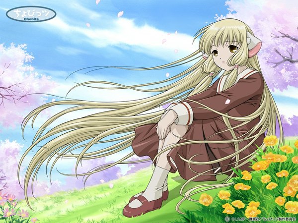 Anime picture 1024x768 with chobits chii single fringe blonde hair sitting looking away sky cloud (clouds) very long hair copyright name text english hands clasped girl dress flower (flowers) plant (plants) petals tree (trees)