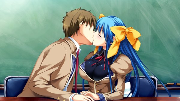 Anime picture 1280x720 with asa project ren'ai 0 kilometer kinomoto mayo hiiragi akeo (artist) long hair short hair brown hair wide image blue hair game cg couple kiss girl boy serafuku