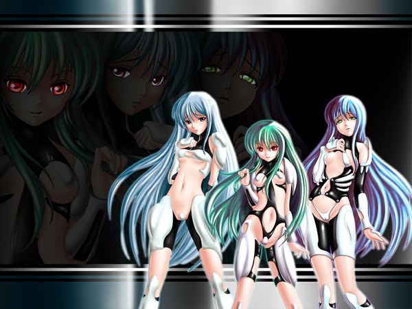 Anime picture 1024x768 with evilflesh (artist) long hair looking at viewer light erotic red eyes multiple girls green eyes blue hair silver hair green hair light smile hand on chest cameltoe girl navel underwear panties 3 girls suit