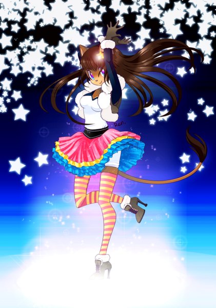 Anime picture 1996x2844 with original ren (catlione) single long hair tall image highres smile brown hair signed animal ears animal tail heterochromia girl thighhighs skirt star (symbol) fur striped thighhighs