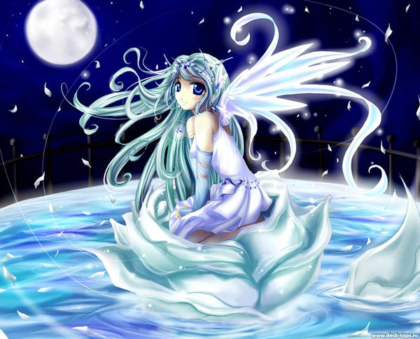 Anime picture 1024x827 with blue eyes green hair night blue background girl dress petals wings water white dress rose (roses) moon full moon blue rose