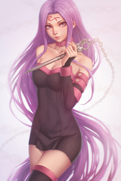 Anime picture 1200x1800 with fate (series) fate/stay night rider miura-n315 single tall image looking at viewer purple eyes bare shoulders holding purple hair very long hair blurry realistic forehead mark girl thighhighs dress weapon black thighhighs