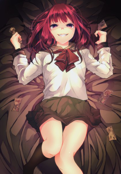 Anime picture 2205x3150 with original shiori (moechin) single long hair tall image looking at viewer highres smile purple eyes holding red hair lying from above on back grin brown background knees touching crazy smile girl skirt