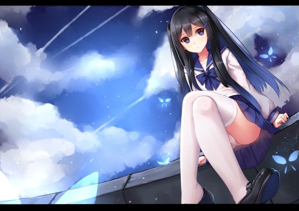 Anime picture 5846x4133 with original allenes single long hair looking at viewer highres blue eyes light erotic black hair absurdres sky cloud (clouds) pantyshot crossed legs letterboxed revision girl thighhighs skirt uniform