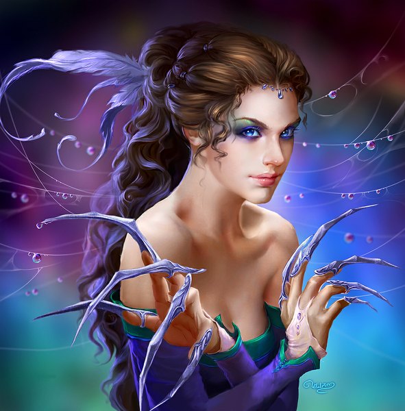 Anime picture 1090x1107 with uildrim single long hair tall image blue eyes brown hair bare shoulders lips realistic curly hair girl dress hair ornament feather (feathers)
