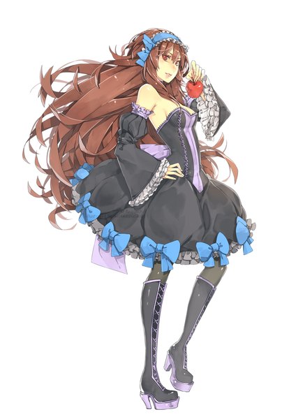 Anime picture 700x990 with ian olympia single long hair tall image looking at viewer blush fringe simple background smile red eyes brown hair standing white background bare shoulders holding long sleeves wide sleeves high heels standing on one leg lacing