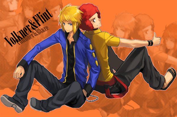 Anime picture 1238x823 with pokemon nintendo denji ooba obo (artist) short hair blue eyes blonde hair sitting red hair looking back hand in pocket back to back curly hair afro thumbs up boy jacket bracelet chain