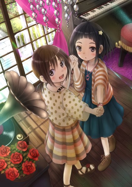 Anime picture 1191x1684 with original taka (tsmix) tall image blush short hair open mouth black hair multiple girls brown eyes looking back girl dress flower (flowers) 2 girls pendant piano phonograph