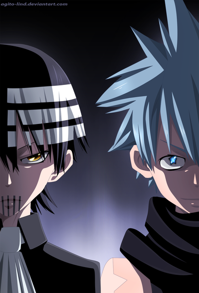 Anime picture 1000x1471 with soul eater studio bones death the kid black star aagito tall image short hair blue eyes black hair smile blue hair multicolored hair two-tone hair orange eyes streaked hair coloring spiked hair boy necktie scarf