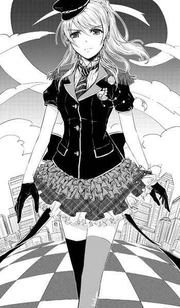 Anime picture 525x900 with love live! school idol project sunrise (studio) love live! ayase eli eulyin single long hair tall image looking at viewer fringe ponytail zettai ryouiki monochrome checkered floor walking floor serious girl skirt gloves