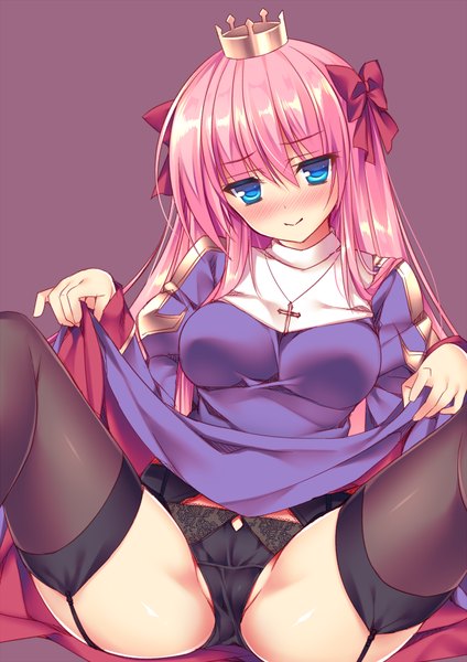 Anime picture 626x885 with original sorai shin'ya single long hair tall image blush blue eyes light erotic pink hair dress lift girl thighhighs dress underwear panties bow black thighhighs hair bow crown