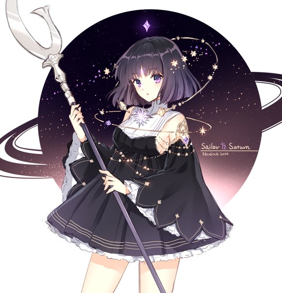 Anime picture 865x900 with bishoujo senshi sailor moon toei animation tomoe hotaru sailor saturn nardack single tall image looking at viewer fringe short hair black hair purple eyes signed character names adapted costume 2014 girl dress weapon detached sleeves
