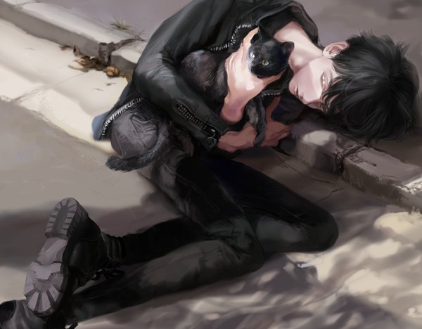 Anime picture 870x680 with original merry fringe short hair black hair looking away outdoors lying parted lips lips hug on side boy animal jacket boots pants cat