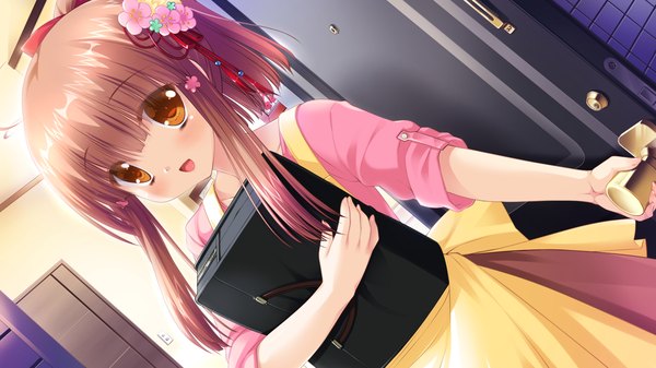 Anime picture 1280x720 with hyper highspeed genius hhg megami no shuuen kushinada nadeshiko single blush short hair open mouth brown hair wide image brown eyes game cg hair flower girl dress hair ornament flower (flowers)