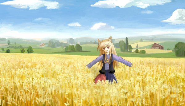 Anime picture 1389x800 with spice and wolf horo wide image animal ears sky wolf ears wolf girl girl