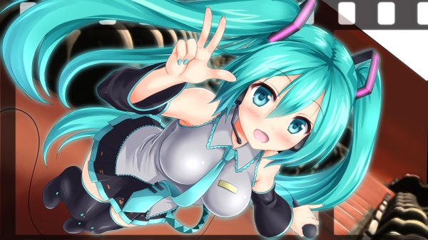 Anime picture 2560x1440 with vocaloid hatsune miku kyamu (qqea92z9n) single long hair looking at viewer blush fringe highres breasts open mouth smile hair between eyes wide image twintails nail polish pleated skirt aqua eyes fingernails from above