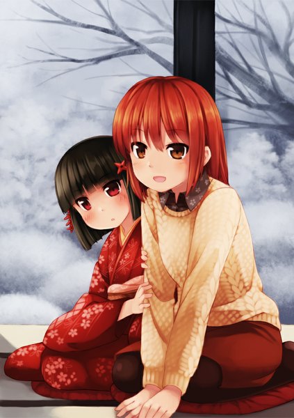 Anime picture 705x1000 with original akatsuki miho fukube tamaki kouno hikaru tall image short hair open mouth black hair red eyes multiple girls brown eyes traditional clothes japanese clothes orange hair loli girl hair ornament 2 girls kimono sweater