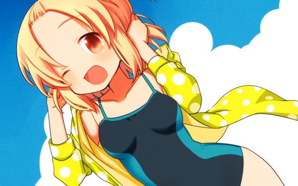 Anime picture 1920x1200 with a channel momoki run single blush highres short hair open mouth blonde hair red eyes wide image sky cloud (clouds) one eye closed wink girl swimsuit