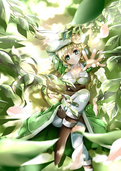 Anime picture 1500x2121 with sword art online a-1 pictures leafa yuuki nagisa single long hair tall image looking at viewer blush blonde hair green eyes pointy ears elf girl dress plant (plants) leaf (leaves)