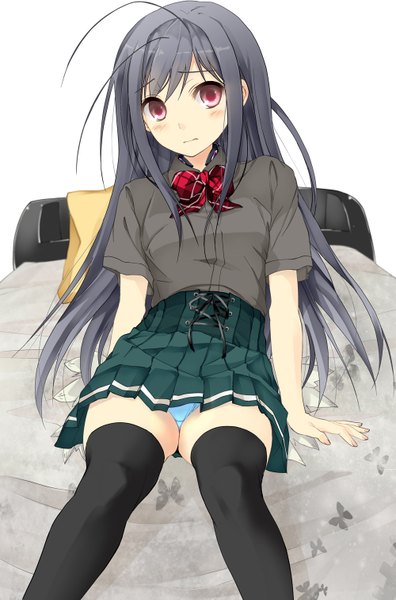 Anime picture 1000x1512 with accel world sunrise (studio) kuroyukihime hasshin akiichi (yagami shuuichi) long hair tall image light erotic black hair red eyes zettai ryouiki girl thighhighs skirt uniform black thighhighs school uniform miniskirt shirt bowtie