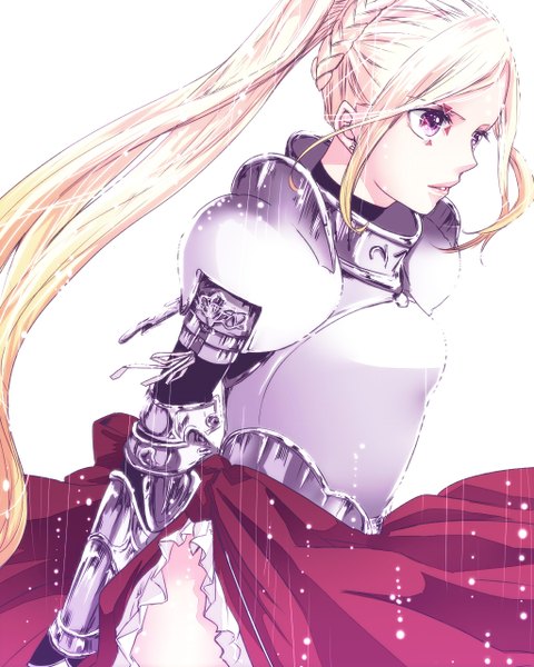 Anime picture 1024x1280 with noragami studio bones bishamonten (noragami) ro96cu single long hair tall image open mouth simple background blonde hair white background looking away ponytail braid (braids) long sleeves pink eyes wind girl skirt armor
