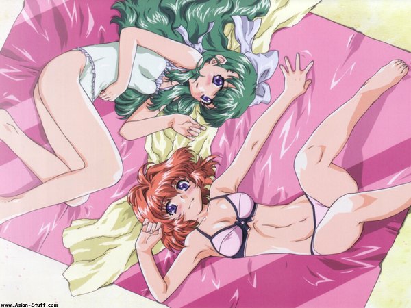 Anime picture 1024x768 with onegai twins onodera karen miyafuji miina long hair blush short hair light erotic purple eyes red hair green hair ribbon (ribbons) swimsuit bikini towel