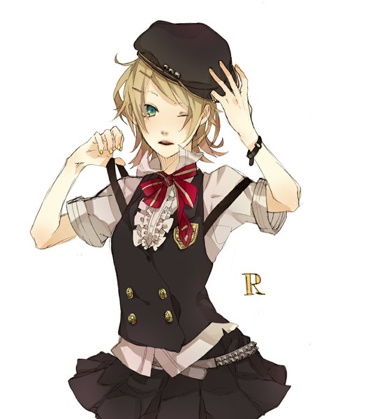 Anime picture 1000x1090 with vocaloid kagamine rin saikawa single tall image looking at viewer short hair open mouth simple background blonde hair standing white background nail polish pleated skirt one eye closed aqua eyes wink yellow nail polish girl skirt