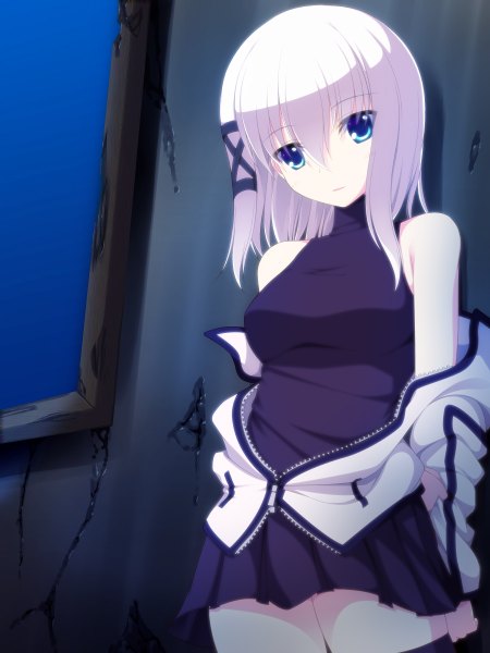 Anime picture 900x1200 with original zinnia silane towarikori single tall image looking at viewer fringe short hair blue eyes standing bare shoulders pink hair white hair night open clothes open jacket night sky girl thighhighs dress