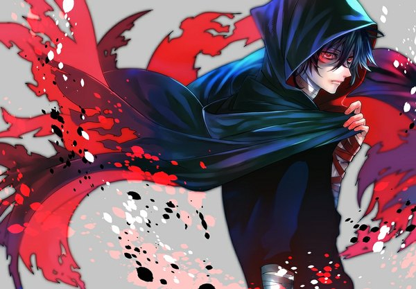 Anime picture 1000x696 with tokyo ghoul studio pierrot kirishima ayato nic (kevin) single fringe short hair black hair holding looking away lips glowing glowing eye (eyes) boy hood cape bandage (bandages) hoodie kagune