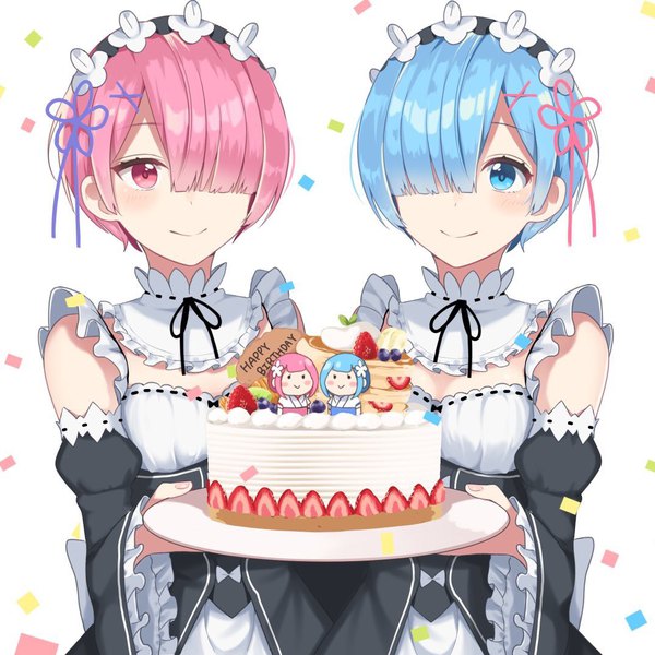 Anime picture 1075x1075 with re:zero kara hajimeru isekai seikatsu white fox rem (re:zero) ram (re:zero) izumo neru blush fringe short hair blue eyes simple background smile standing white background multiple girls holding blue hair pink hair pink eyes hair over one eye maid