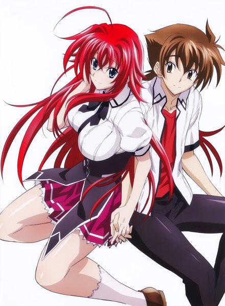 Anime picture 3514x4795 with highschool dxd rias gremory hyoudou issei mishima hiroji long hair tall image highres short hair blue eyes smile brown hair white background brown eyes absurdres red hair scan official art couple girl boy