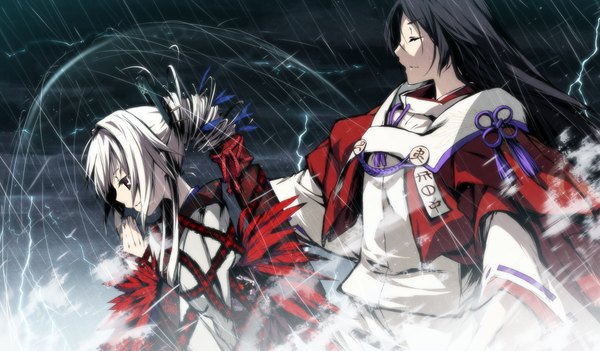 Anime picture 2048x1200 with kajiri kamui kagura g yuusuke long hair highres black hair red eyes wide image game cg white hair rain girl boy