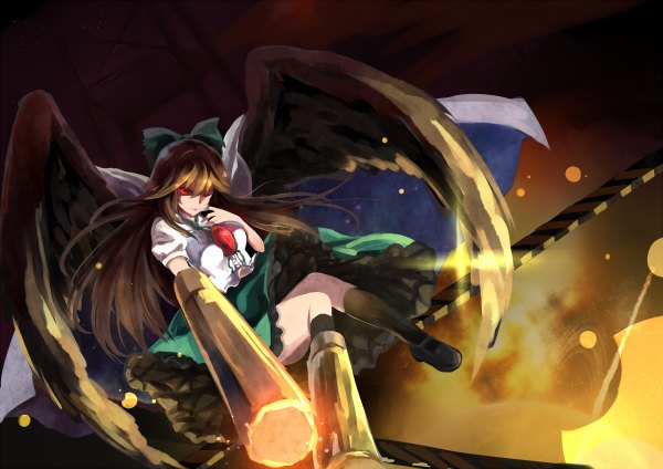 Anime picture 1200x848 with touhou reiuji utsuho greetload single long hair fringe breasts red eyes brown hair glowing glowing eye (eyes) knees touching arm cannon girl skirt hair ornament bow weapon hair bow shirt