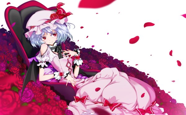 Anime picture 1288x800 with touhou remilia scarlet hong (white spider) single short hair smile red eyes wide image white hair demon wings girl dress flower (flowers) petals wings rose (roses) wrist cuffs bonnet red rose armchair