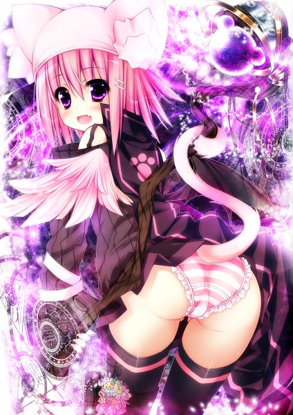 Anime picture 848x1200 with original ojitcha tall image blush short hair open mouth light erotic purple eyes animal ears pink hair ass tail animal tail cat ears cat girl cat tail magic girl thighhighs dress