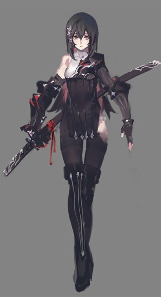 Anime picture 586x1080 with original pixiv fantasia pixiv fantasia t kishiyo single long hair tall image black hair simple background red eyes standing bare shoulders hair flower grey background sheathed girl gloves hair ornament flower (flowers) weapon