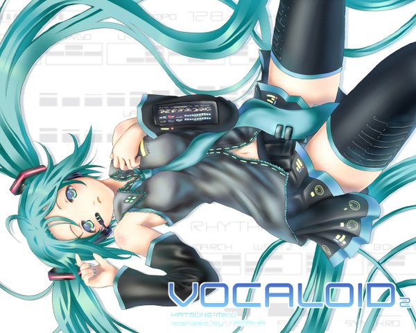 Anime picture 1280x1024 with vocaloid hatsune miku sabamu single looking at viewer light erotic twintails very long hair nail polish pleated skirt aqua eyes aqua hair copyright name character names girl thighhighs skirt black thighhighs detached sleeves miniskirt