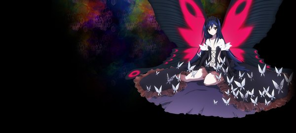 Anime picture 2000x900 with accel world sunrise (studio) kuroyukihime single long hair highres wide image sitting bare shoulders blue hair insect wings butterfly wings girl dress gloves elbow gloves hairband insect butterfly