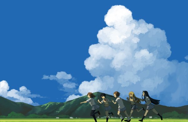 Anime picture 1200x780 with k-on! kyoto animation akiyama mio hirasawa yui nakano azusa kotobuki tsumugi tainaka ritsu hirokiku long hair short hair open mouth black hair blonde hair brown hair twintails multiple girls sky cloud (clouds) mountain running