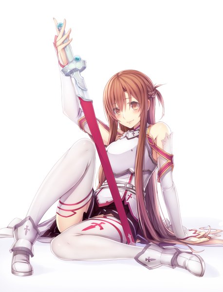 Anime picture 1340x1754 with sword art online a-1 pictures yuuki asuna pen (steelleets) long hair tall image simple background brown hair white background brown eyes girl thighhighs weapon detached sleeves white thighhighs sword