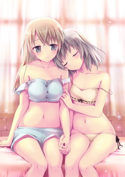 Anime picture 1061x1500 with strike witches sanya v. litvyak eila ilmatar juutilainen kimishima ao long hair tall image blush short hair blue eyes light erotic blonde hair sitting multiple girls silver hair eyes closed underwear only holding hands girl navel underwear