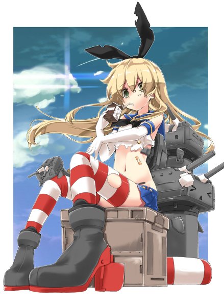Anime picture 878x1200 with kantai collection shimakaze destroyer rensouhou-kun hekicha single long hair tall image fringe light erotic blonde hair sitting green eyes sky cloud (clouds) drinking girl thighhighs skirt gloves navel