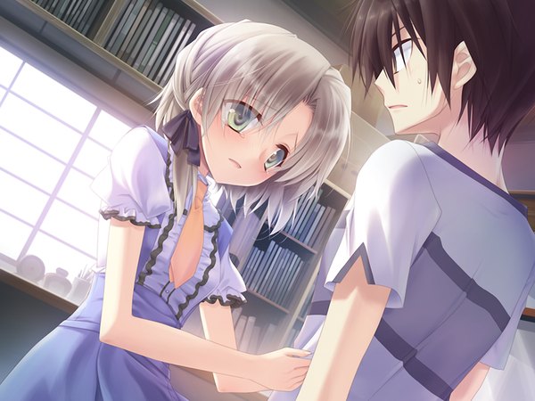 Anime picture 1024x768 with nadeshiko drip kozakura kurumi short hair black hair green eyes game cg grey hair couple girl boy