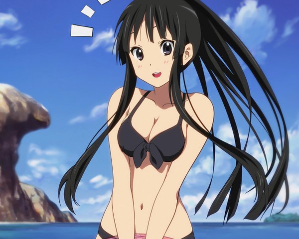 Anime picture 1280x1024 with k-on! kyoto animation akiyama mio single long hair black hair black eyes girl navel swimsuit bikini water black bikini