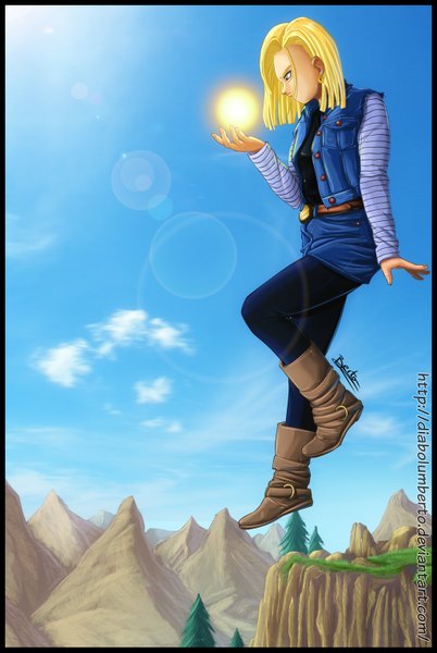 Anime picture 1024x1529 with dragon ball android 18 diabolumberto single tall image short hair blue eyes blonde hair sky cloud (clouds) profile sunlight coloring magic mountain girl plant (plants) earrings tree (trees) thigh boots