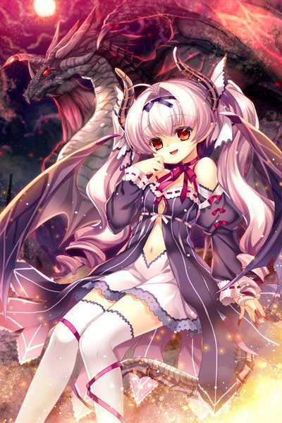 Anime picture 700x1050 with original capura lin long hair tall image looking at viewer red eyes twintails white hair tail nail polish horn (horns) fingernails drill hair long fingernails red nail polish dragon girl dragon wings girl thighhighs dress