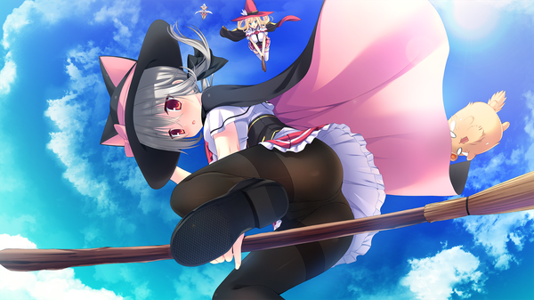 Anime picture 2048x1152 with natsu no majo no parade alisa crowley carol mercuris blush highres short hair light erotic red eyes wide image multiple girls game cg sky cloud (clouds) grey hair pantyshot flying witch broom riding girl skirt